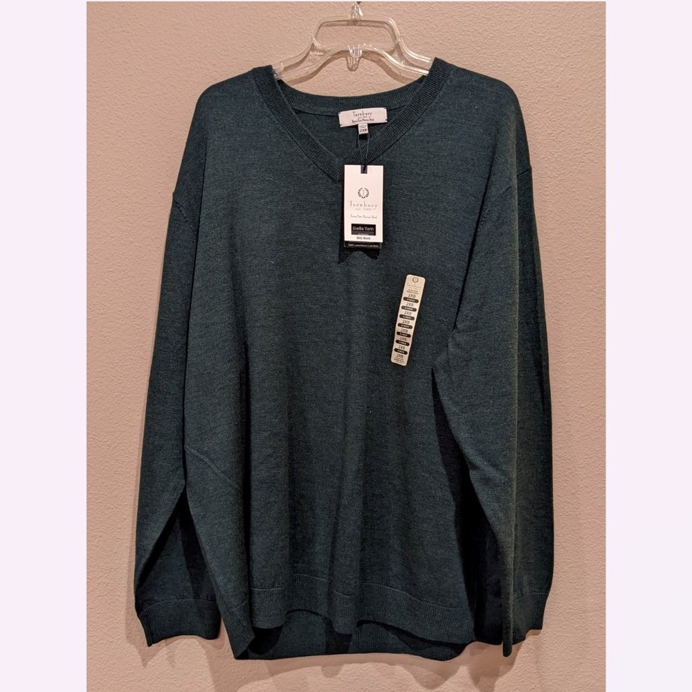 NWT - Turnbury Big Man Extra Fine Merino Wool V-Neck Long Sleeve Green Sweater